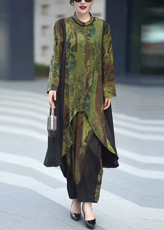 Green Button Patchwork Tops and Crop Pants Silk Two Pieces Set Fall