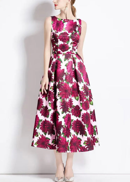 Red Print High Waist Cotton Long Dresses Sleeveless