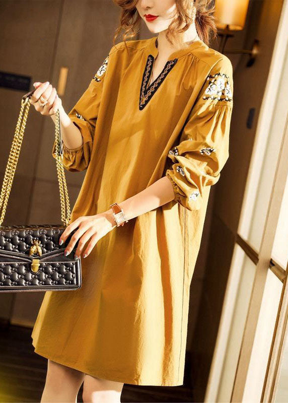 Yellow V Neck Cotton Dresses Spring