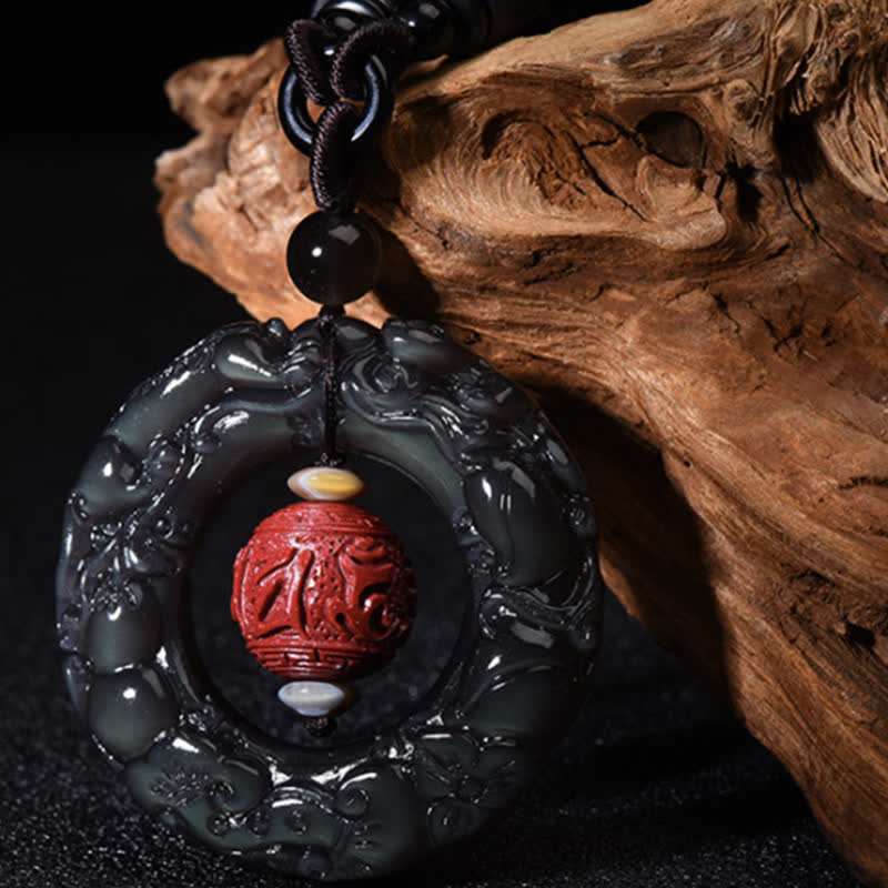 Buddha Stones Fengshui Natural Rainbow Obsidian Pixiu Cinnabar Healing Necklace Pendant