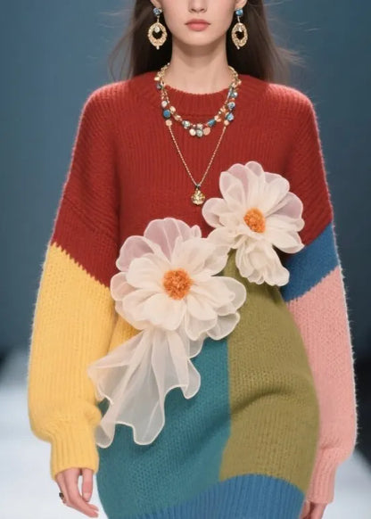 French Colorblock O Neck Knit Sweater Dress Fall