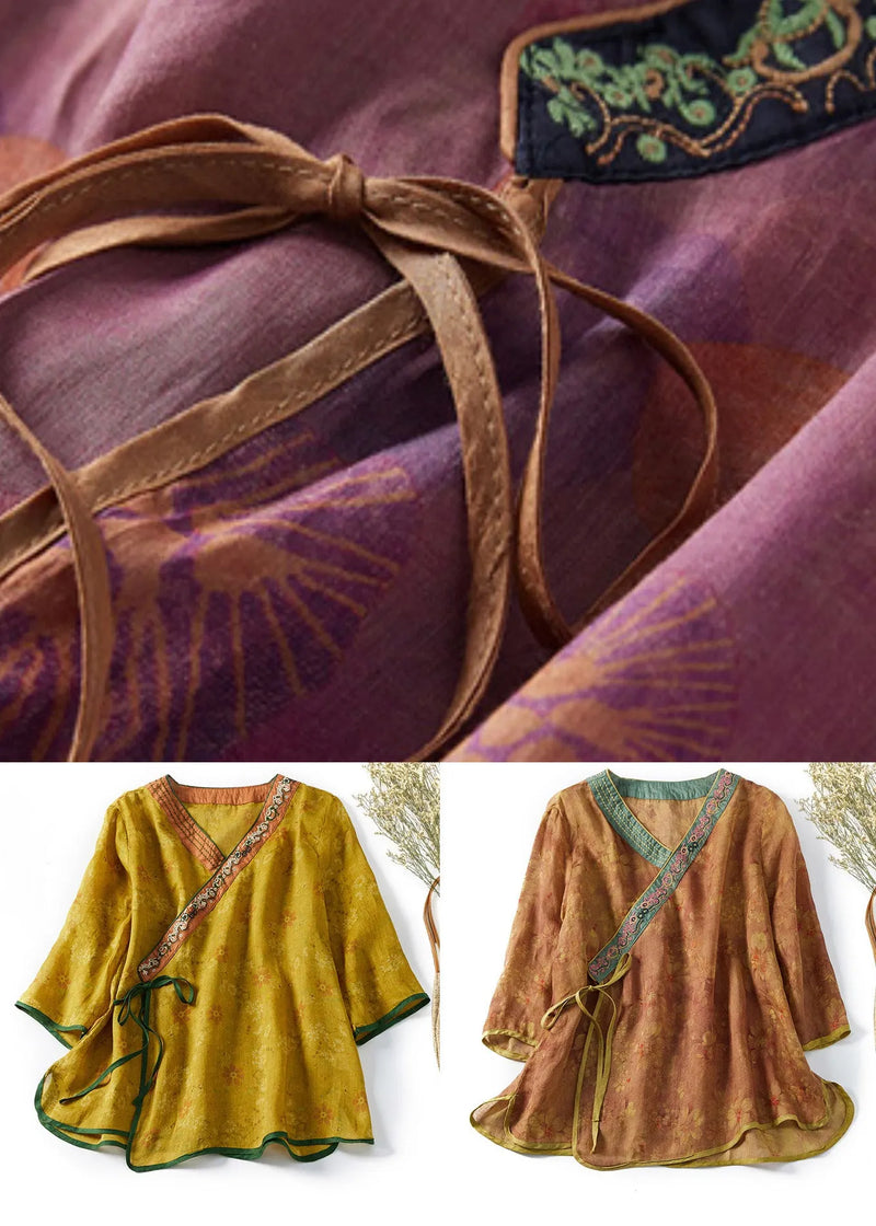 Purple Print Side Open Cotton Top Bracelet Sleeve