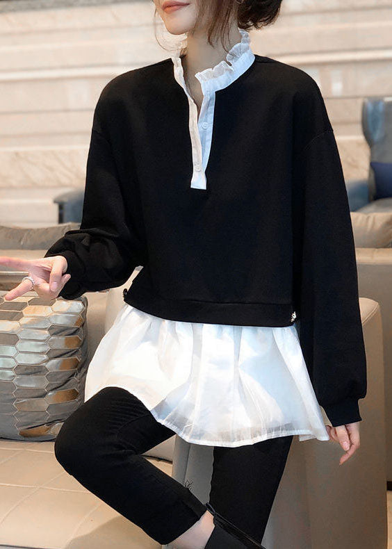 Diy Black Ruffled Patchwork Cotton Fake Two Piece Shirts Spring