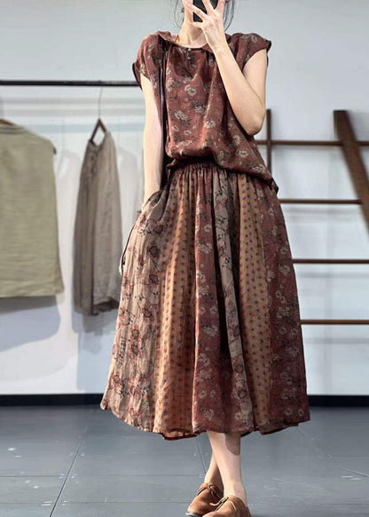 Khaki Peter Pan Collar Print Linen Two Pieces Set Summer
