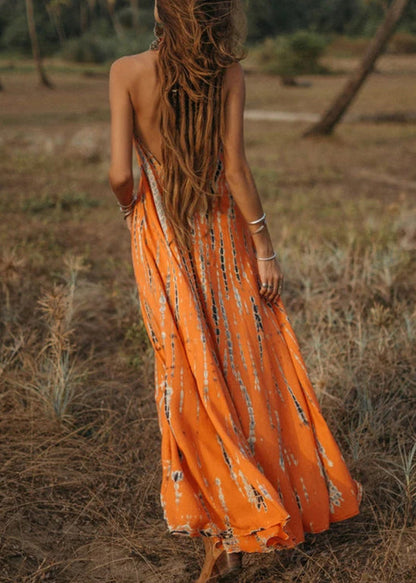 Orange V Neck Print Cotton Long Dress Sleeveless
