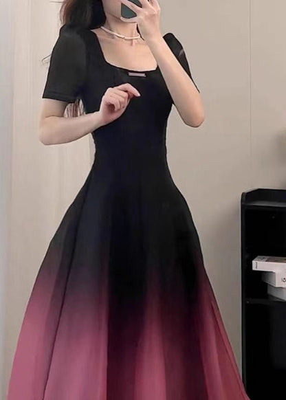 Black O-neck Gradient Color Long Dresses Short Sleeve