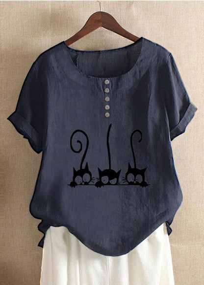 Cartoon Cat Print Crew Neck Short Sleeve Blouse