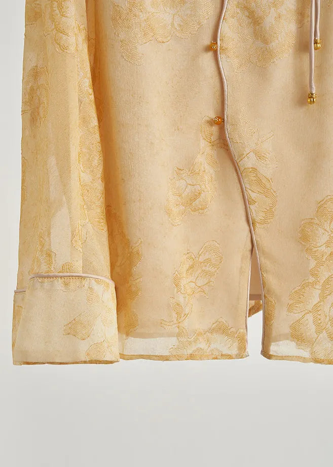 Yellow Tasseled Print Silk Coats Fall