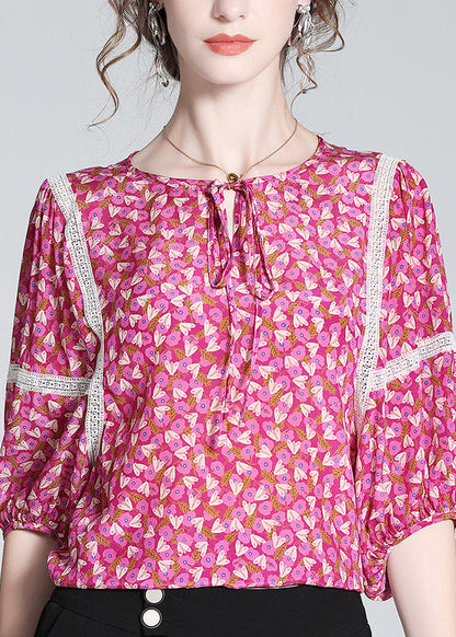 Rose O-neck Print Neck Tie Silk Tops Short Sleeve