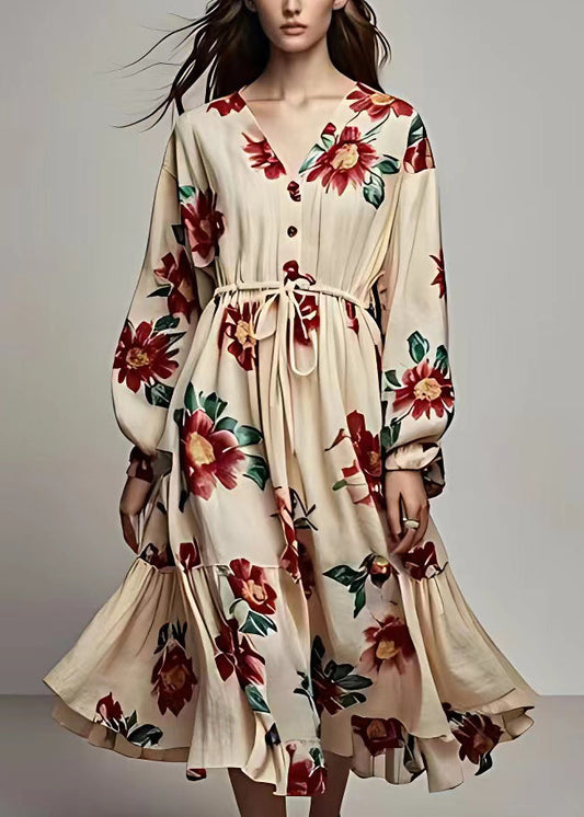 Khaki V Neck Lace Up Print Cotton Maxi Dress Long Sleeve