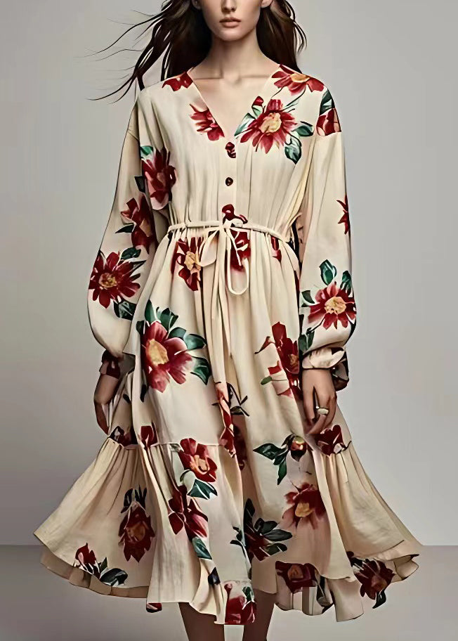 Khaki V Neck Lace Up Print Cotton Maxi Dress Long Sleeve