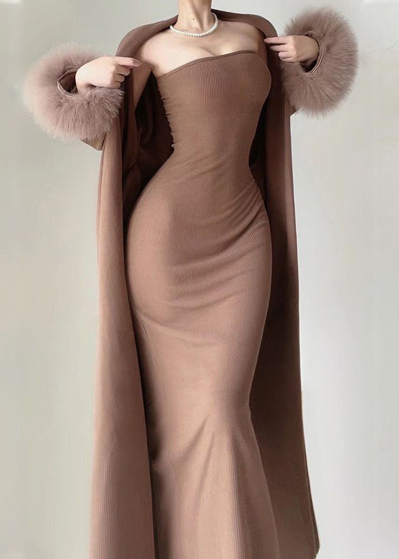Modern Coffee Knit Cotton Long Cardigans and Long Dress Two Pieces Set Winter