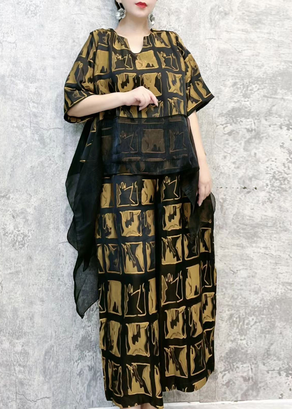 Loose Gold Ruffled Print Tops and Pants Cotton Two Pieces Set Summer
