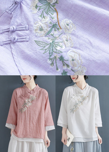 Pink Stand Collar Embroideried Cotton Fake Two Piece Shirts Three Quarter Sleeve