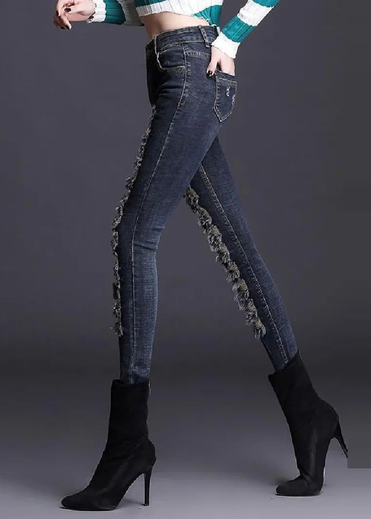 Silm Fit Navy Tasseled Denim Ripped Pants Spring