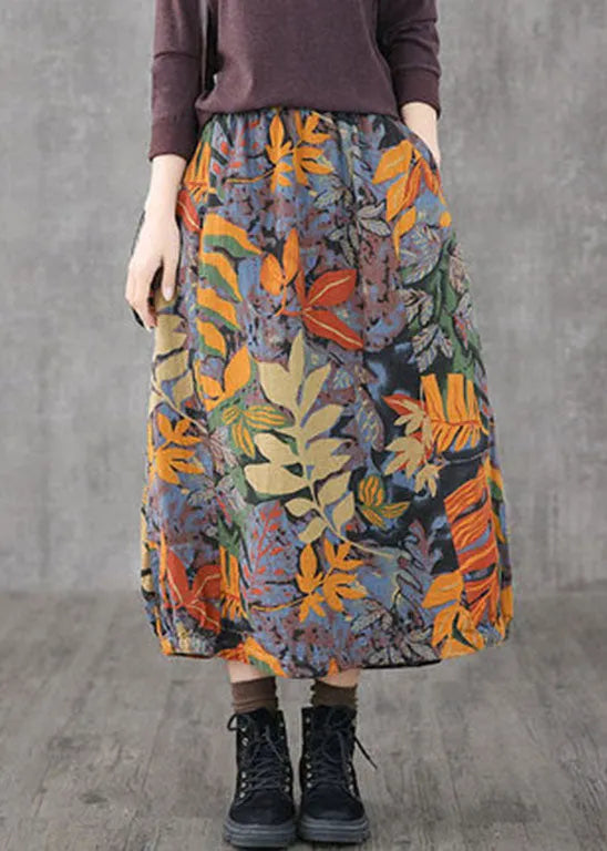 Blue Loose a Line Skirts Elastic Waist Print Spring