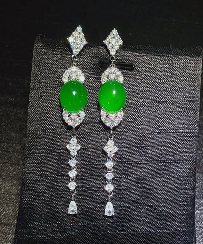 Fine Green Sterling Silver Zircon Jade Tassel Drop Earrings
