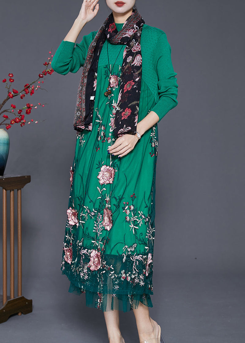 Green Patchwork Tulle Knit Dress Embroideried Fall