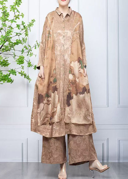 Coffee Print Button Patchwork Silk Two Pieces Set Fall
