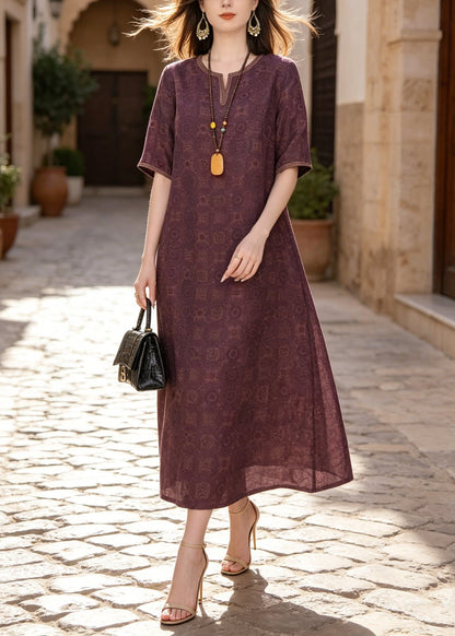 Classy Purple O Neck Print Silk Dresses Summer