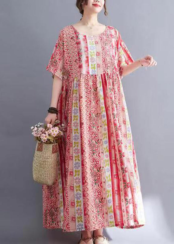 Loose Blue O-neck Print Patchwork Long Dresses Short Sleeve