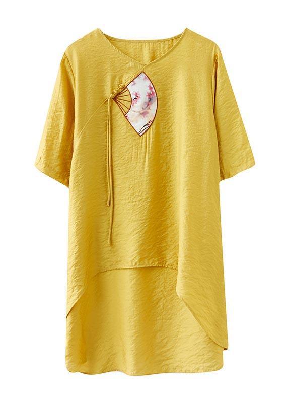 Italian Yellow Embroideried Cotton Linen Top Summer