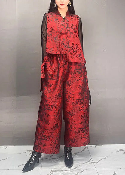 Black Print Asymmetrical Silk Cotton Waistcoat and Wide Leg Pants Two Piece Set Fall
