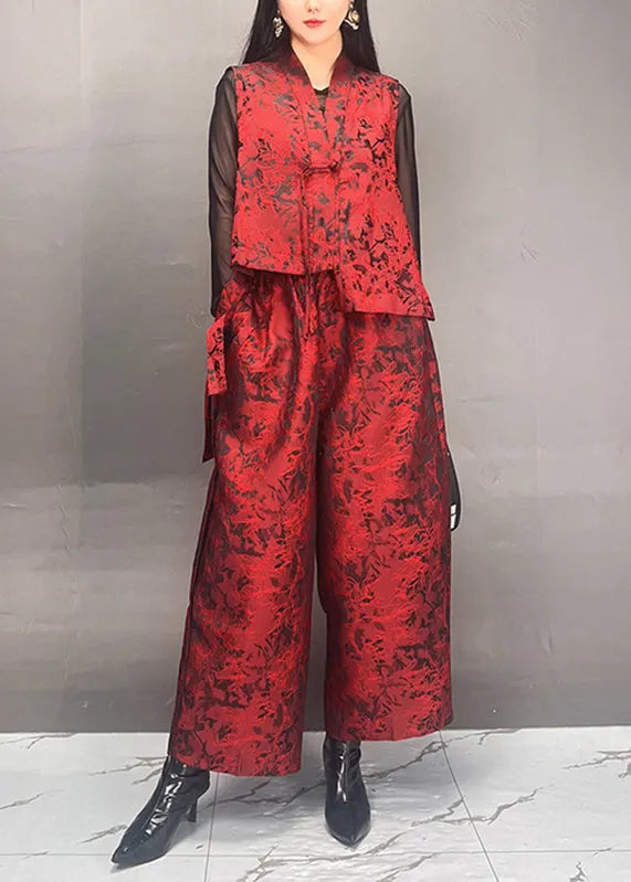 Black Print Asymmetrical Silk Cotton Waistcoat and Wide Leg Pants Two Piece Set Fall