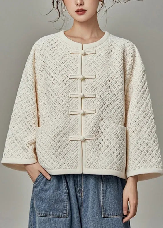 Fitted Beige O-neck Hollow Out Fall Coat