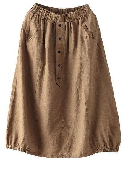 Khaki Linen Elastic Waist Button Skirt