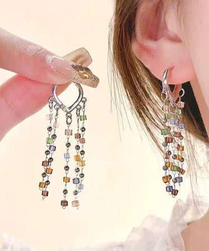 Rainbow Metal Crystal Block Tassel Drop Earrings