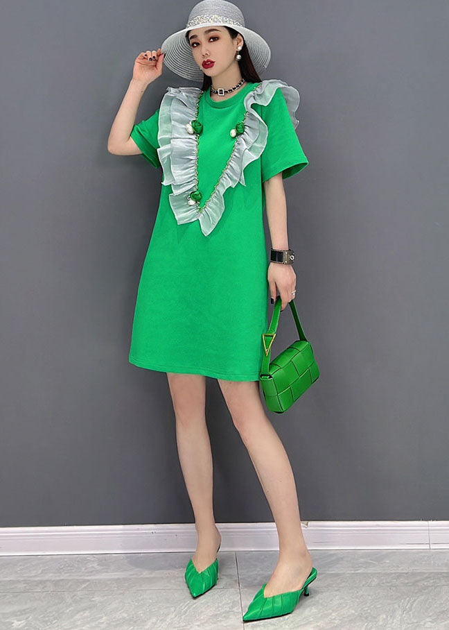 Boutique Green O-neck Patchwork Ruffles Cotton Mid Dress Short Sleeve