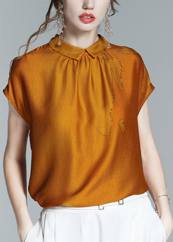 Classy Caramel Peter Pan Collar Print Silk T Shirtshort Sleeve