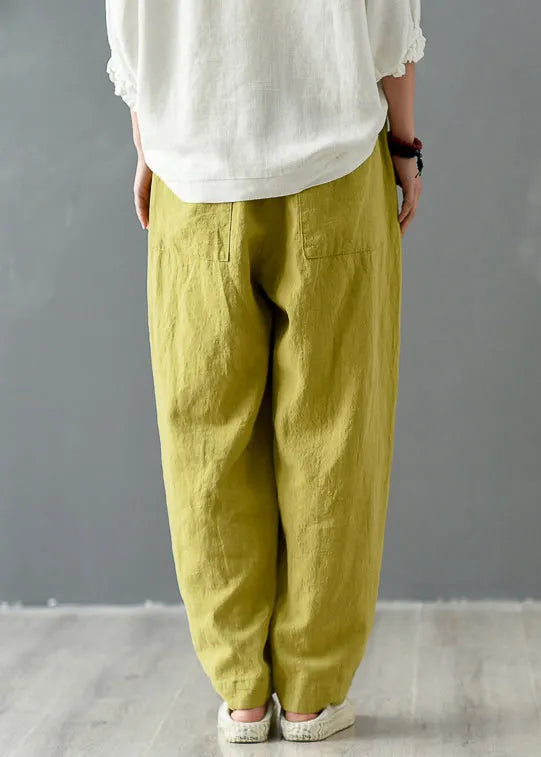 Yellow Pockets Elastic Waist Linen Pants Spring