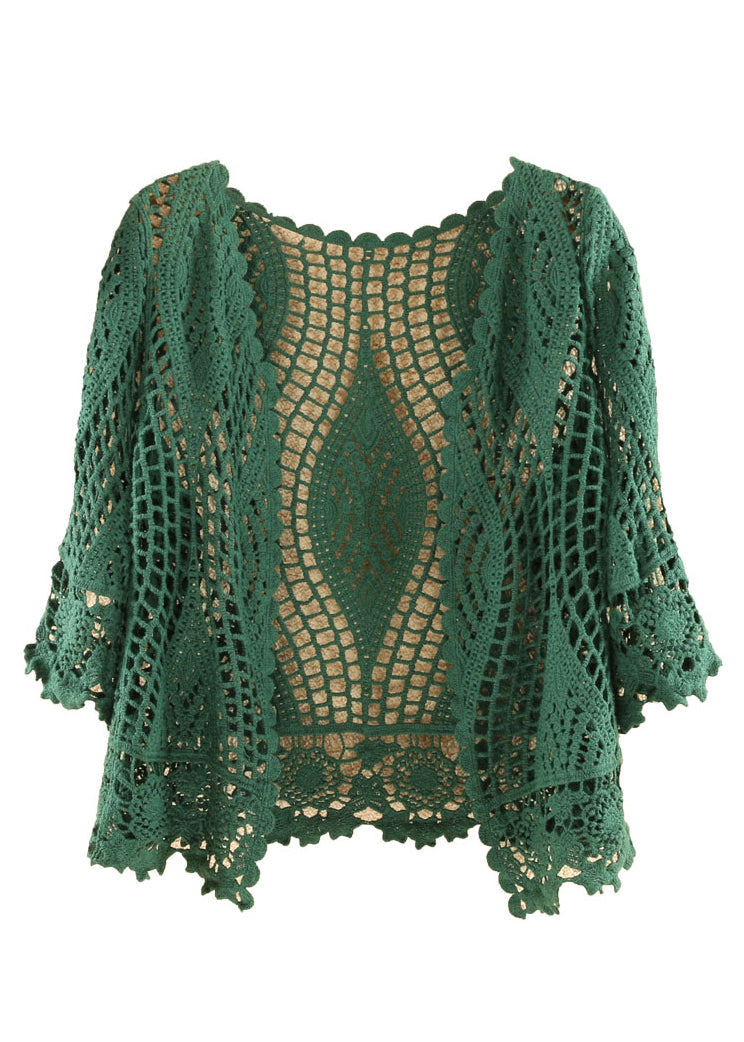Blackish Green Hollow Out Cotton Knit Cardigan Summer