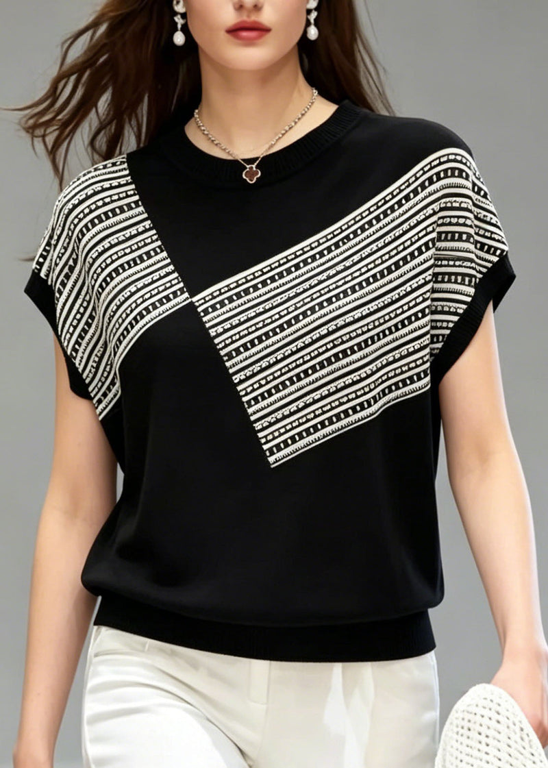 Black O Neck Striped Thin Knit T Shirt Top Summer