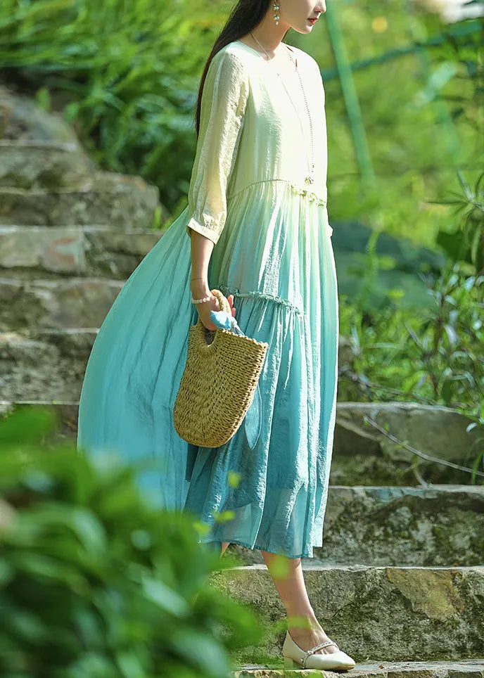 Gradient Color O-neck Ruffled Cotton Long Dresses Bracelet Sleeve Summer