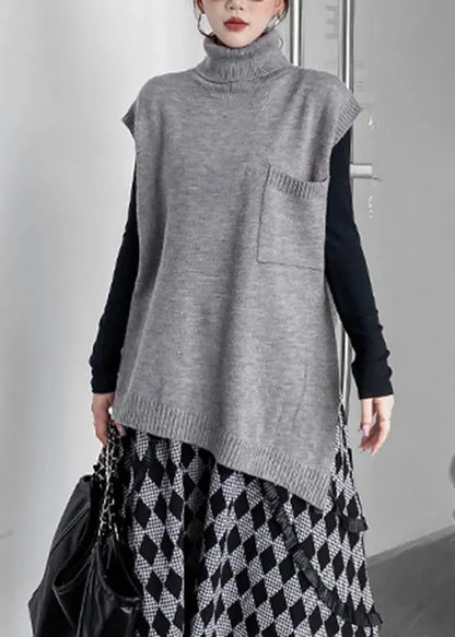 Grey Turtleneck Asymmetrical Thick Knit Waistcoat Spring