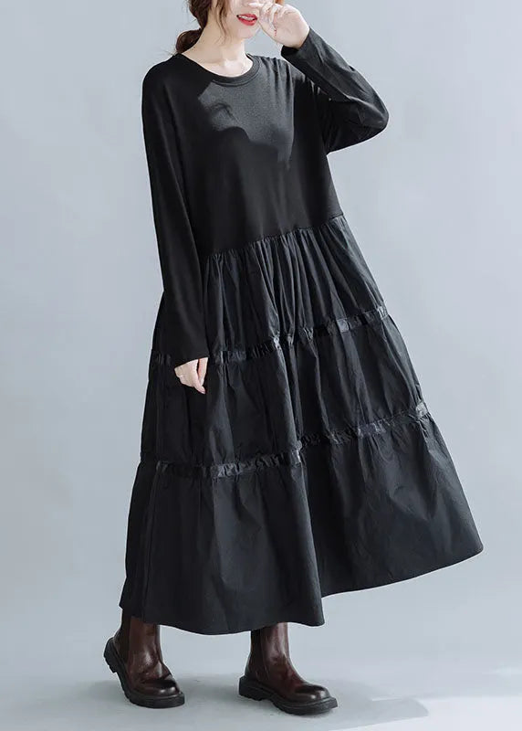 Loose Black O-neck Patchwork Cotton Holiday Dress Spring