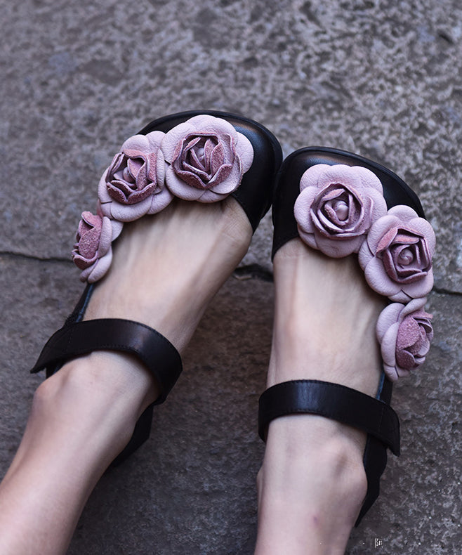 Black Buckle Strap Splicing Leather Upper Baotou Walking Sandals