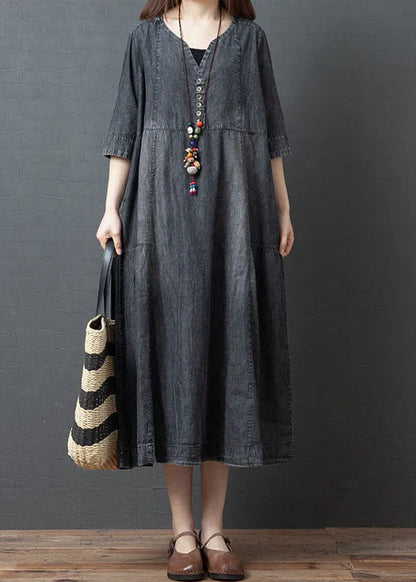 Handmade Blue V Neck Button Patchwork Fall Denim Half Sleeve Maxi Dress