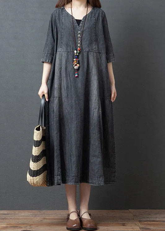 Handmade Blue V Neck Button Patchwork Fall Denim Half Sleeve Maxi Dress