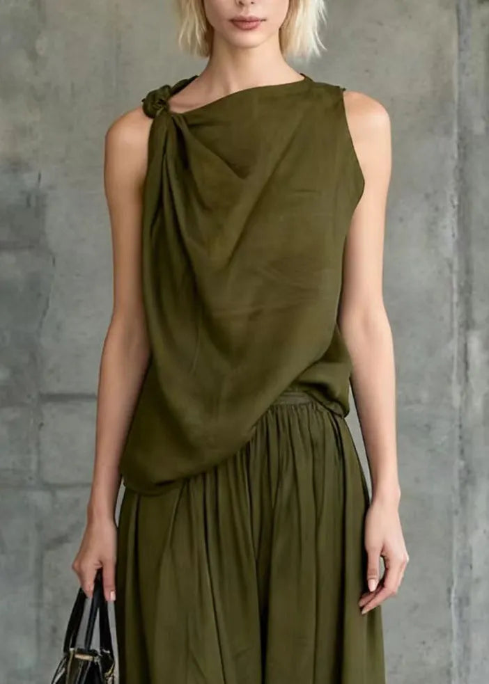 Style Army Green One Shoulder Knotted Cotton Two Piece Set Sleeveless