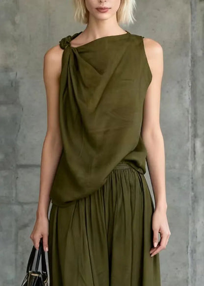 Style Army Green One Shoulder Knotted Cotton Two Piece Set Sleeveless