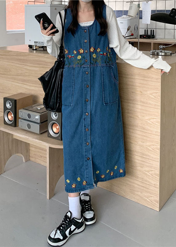 Black Slash Neck Embroideried Patchwork Button Denim Maxi Dress Sleeveless