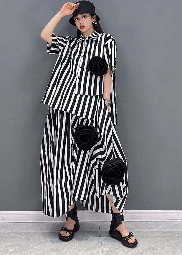 Diy Black White Striped Asymmetrical Cotton Two Pieces Set Summer