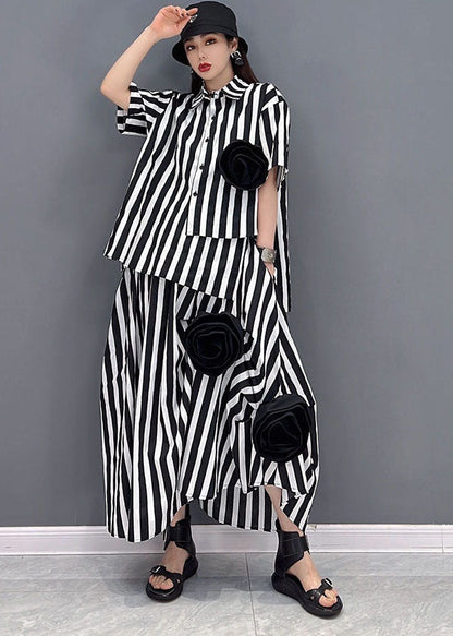 Diy Black White Striped Asymmetrical Cotton Two Pieces Set Summer