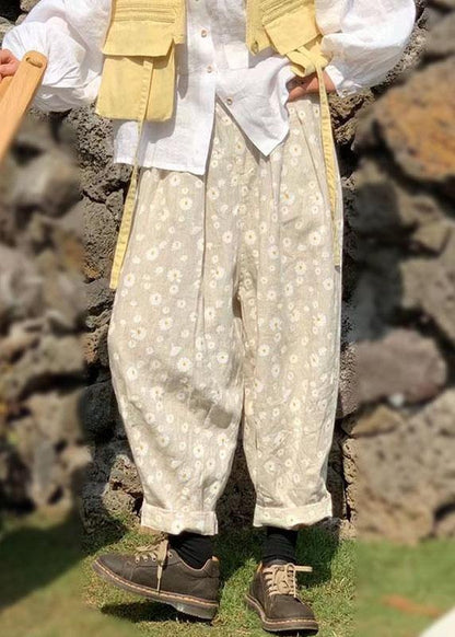 Beige Pockets Print Fall Pants