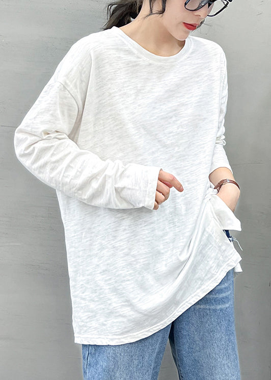Style White O-neck Asymmetrical Design Cotton Top Long Sleeve
