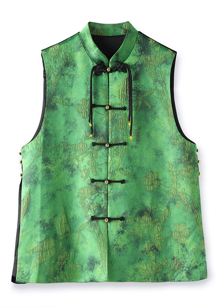 Green Tasseled Jacquard Patchwork Silk Vest Sleeveless